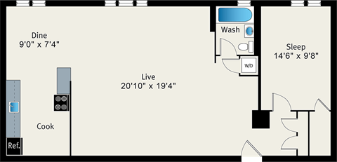 Floor plan for 1 bed, 1 bath, 828 sqft